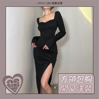 🥀旺斯女孩🥀歐美方領包胸開叉洋裝 公主袖洋裝 包臀洋裝 露腿洋裝 謝師宴洋裝 台灣現貨