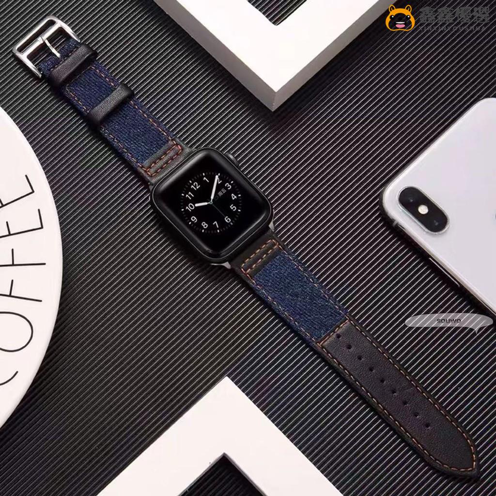 【熱賣現貨】適用於Apple Watch6/5錶帶 運動牛仔布真皮錶帶 iWatch2/3/4錶帶鑫鑫優選