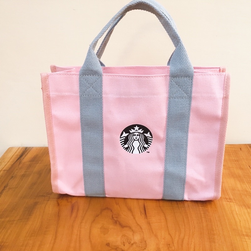 全新 粉色 手提袋 包包 便當袋 星巴克 粉 粉紅 女神 帆布包 少女 少女心 可愛 櫻花 春日 春天 野餐 外出 咖啡