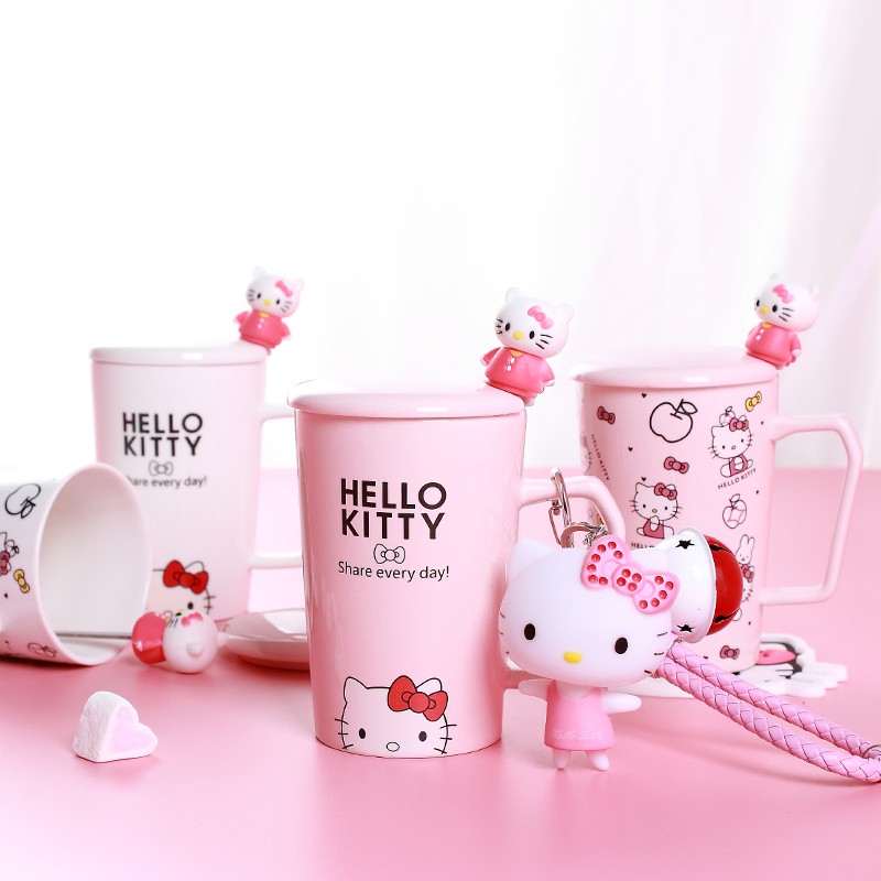 Hello Kitty 陶瓷水杯子 帶蓋勺咖啡馬克杯 可愛哆啦A夢杯
