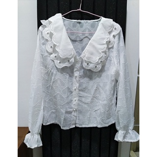 白色珍珠紗上衣 襯衫 (銀蔥星星圖案布料、波浪滾邊雙層領)