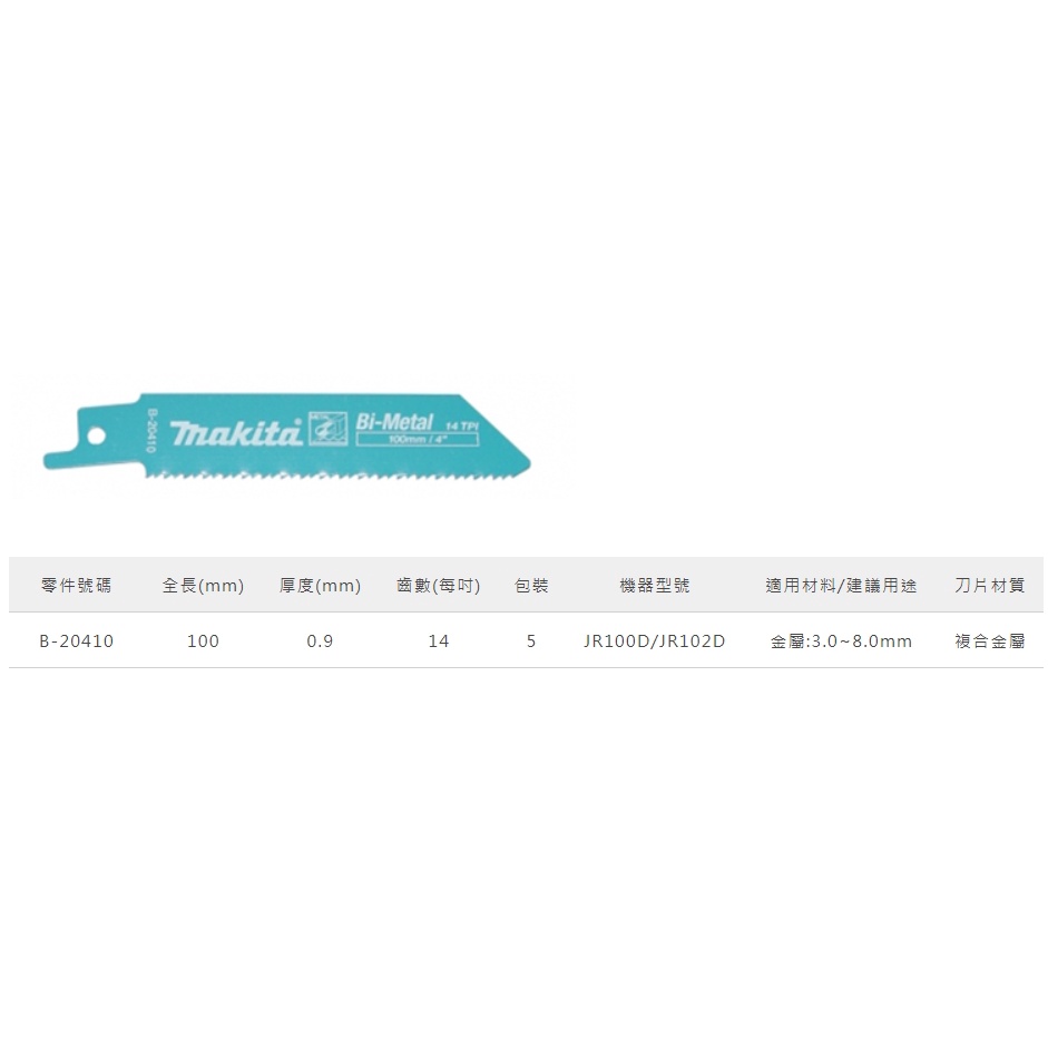 MAKITA 牧田 B-20410 軍刀鋸片4" 14T金屬 (含稅)