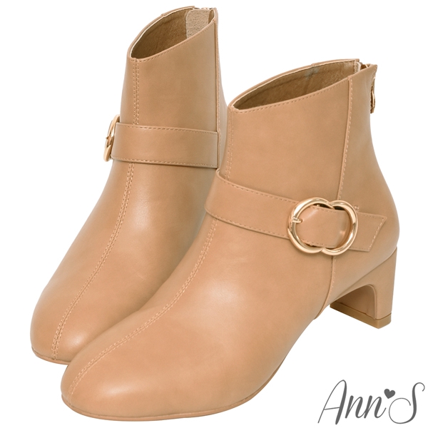 Ann’S完美版型-金色圓扣素面扁跟圓頭短靴5.5cm-杏(版型偏小)