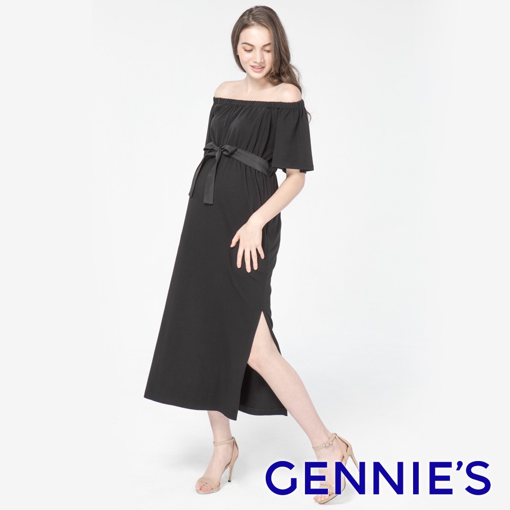 【Gennies 奇妮】一字領綁帶式孕婦洋裝-黑(T1J02)