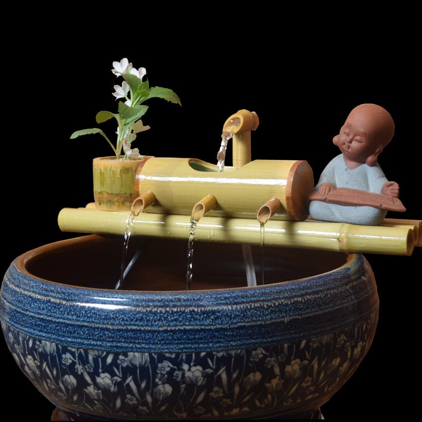 竹筒流水魚缸擺件竹子過濾器製氧陶瓷石槽魚池循環假山流水竹子