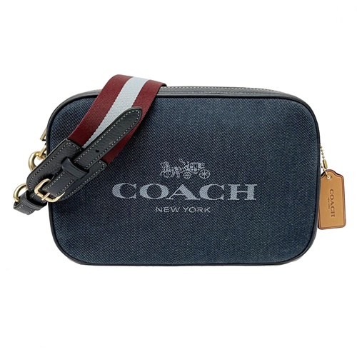 【COACH】大馬車LOGO牛仔布雙層斜背相機包(牛仔藍)