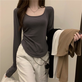 衣時尚 長袖打底衫女 發熱衣 長袖T恤女式潮ins不規則修身學生休閒短款上衣少女打底衫MB147 T114