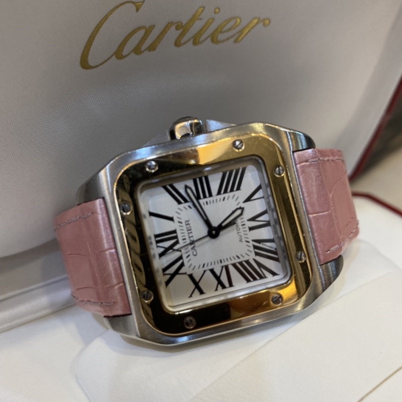 CARTIER 卡地亞 Santos 100 山度士 W20107X7 中型 36mm 半金 玫瑰金 自動腕錶