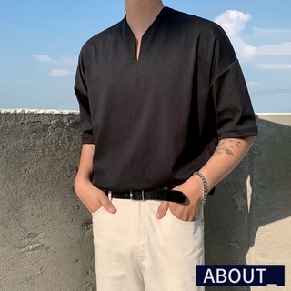 【ABOUT_歐巴】純色寬鬆V領短袖T恤 韓 短袖上衣 百搭 打底衫 夏季 男