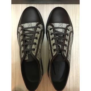 GUCCI 真皮 咖啡色 經典PVC LOGO 綁帶休閒鞋 男款 歐碼10