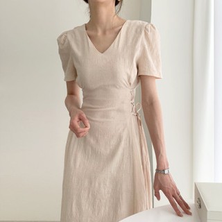 棉麻洋裝法式復古棉麻v領連身裙女夏季氣質系帶裙子佰 C1026-A 2651.衣時尚