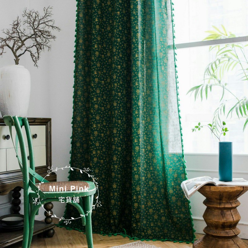美式鄉村風 聖誕燙金工藝-綠色 飾綠色流蘇邊窗簾 多種規格 可客製【B596-1】訂製款