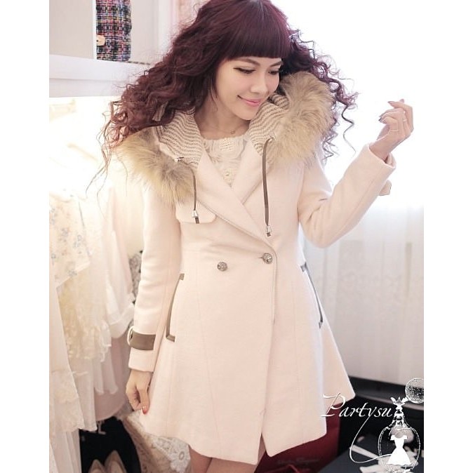 全新林鴒款正韓國連帽粉白色設計感大衣外套