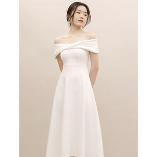 【桔束🍊】3色❤️XS-L 一字領扭結高腰傘擺洋裝 禮服 婚禮喜酒洋裝 伴娘服 尾牙 春酒 謝師宴洋裝