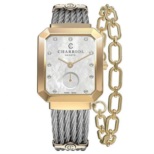 CHARRIOL 夏利豪 (STREY560001) 方形香檳金真鑽小秒針鋼索腕錶 30x40mm