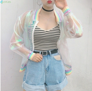 Eplbs 時尚夏季女裝透明虹彩透明飛行員夾克彩虹交響式基本外套