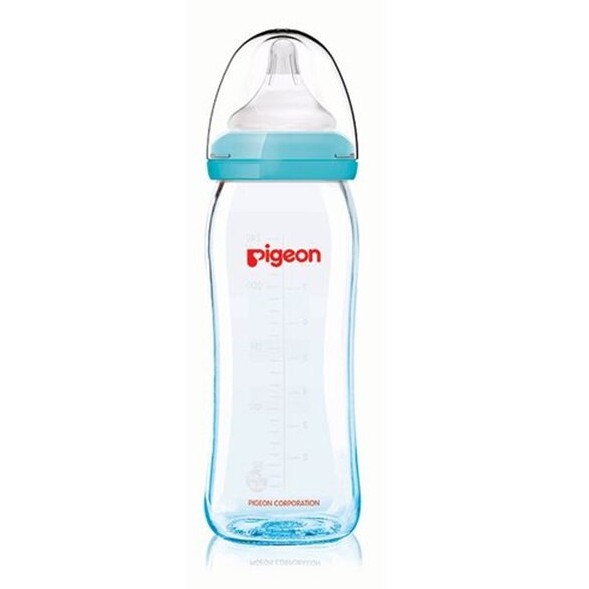貝親 Pigeon 矽膠護層寬口母乳實感玻璃奶瓶240ml/附M號奶嘴 藍色