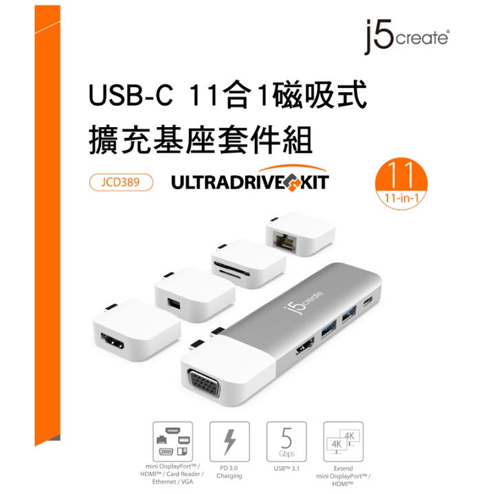 ❤️富田資訊 j5create USB3.1 Type-C 11合1磁吸式集線器 附USB-C模組轉接器 JCD389