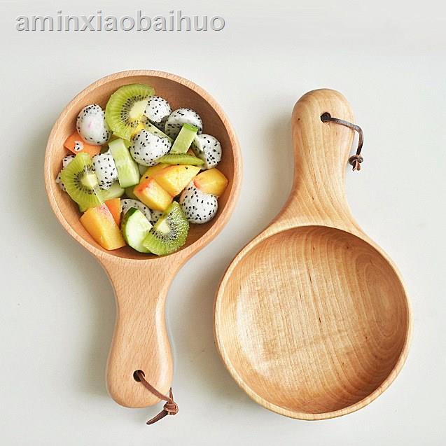 【小黃鴨】.✧天然櫸木泡碗日式大號實木碗手柄沙拉碗木質果碗創意家用具