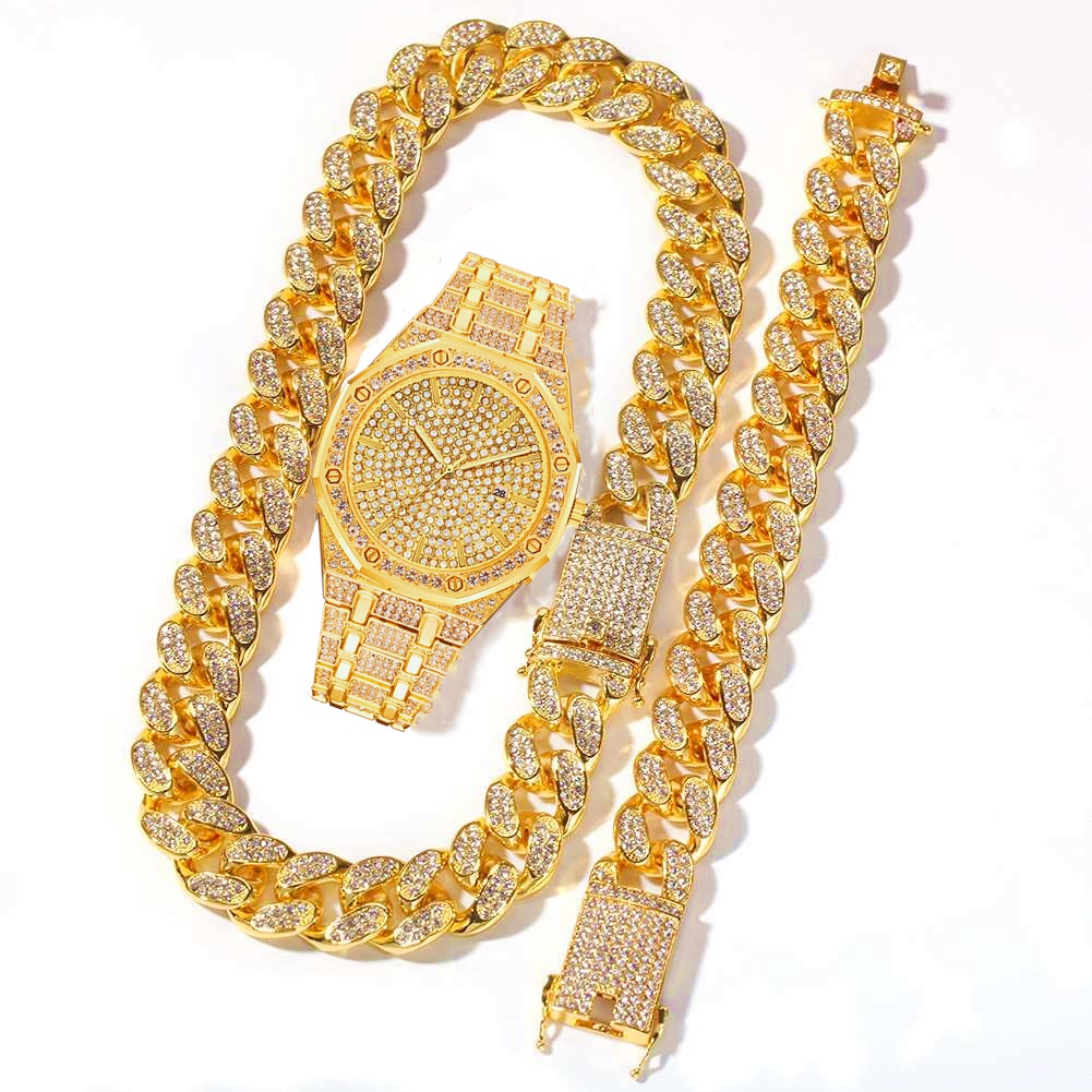3 件裝男士首飾套裝全冰表項鍊手鍊嘻哈 Miama Cubana 鏈 13 毫米項鍊鑽石首飾男士黃金手錶