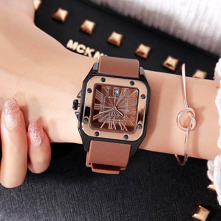 現貨 古歐GUOU 8154 女表 日本機芯 女士耐用時尚 簡約日歷硅膠表帶手表方形時裝 復古潮流 時尚表 生日禮物