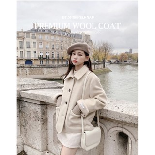 韓國代購 Premium Wool 40%羊毛短外套 圓釦口袋短大衣 反折袖口 燕麥 炭灰 黑色