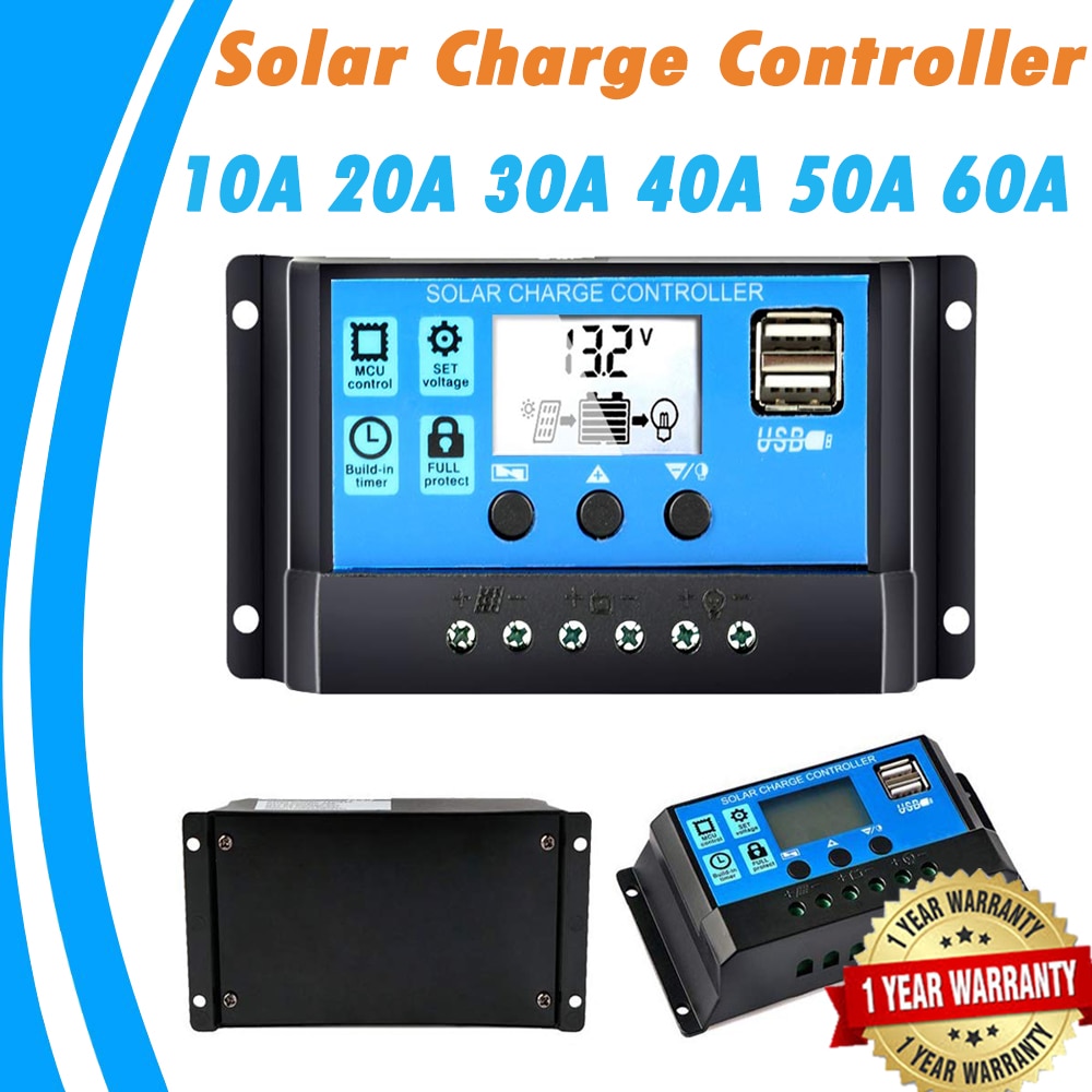 太陽能充電器控制器 60A 50A 40A 30A 20A 10A 12V 24V 電池充電器 LCD 雙 USB 穩壓