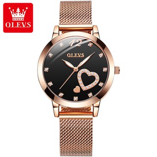 Olevs 女士防水石英手錶鋼錶帶時尚玫瑰金愛心設計手錶女學生