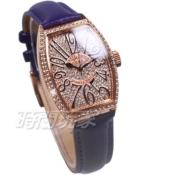 香港古歐 GUOU 閃耀時尚腕錶 酒樽型 真皮皮革錶帶 玫瑰金x紫 G8200玫紫【時間玩家】
