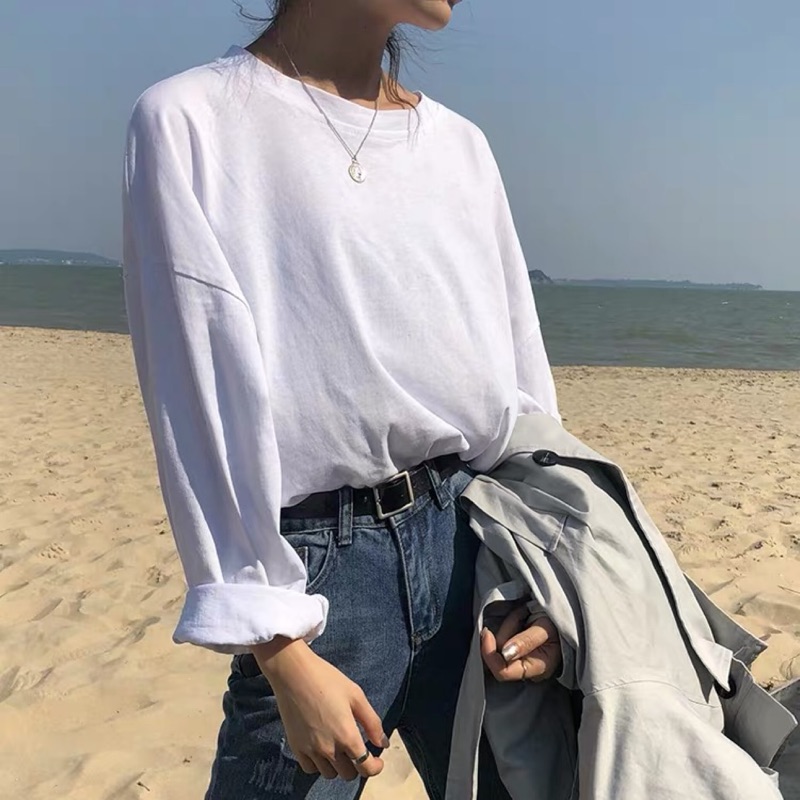 全新女裝素色白t 長袖上衣微寬鬆打底上衣簡單百搭 蝦皮購物