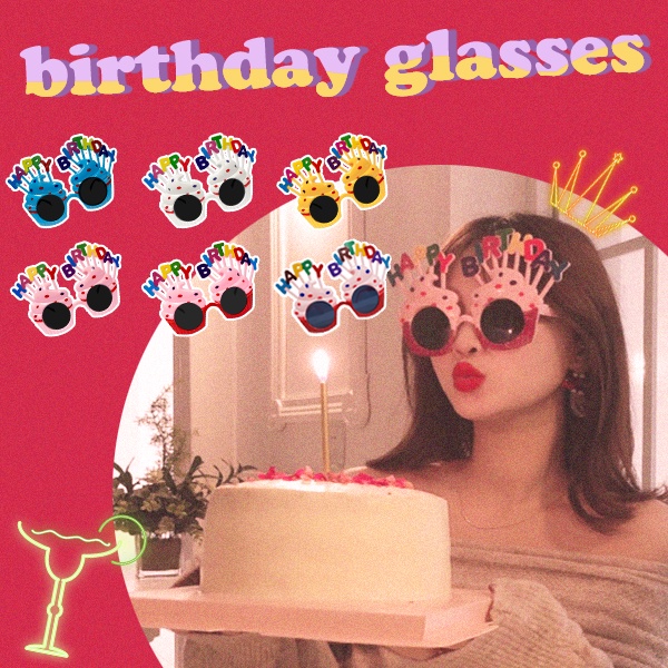 SISI【G21005】happy Birthday美式經典生日快樂杯子蛋糕鏡框鏡架眼鏡墨鏡冰淇淋彩虹生日跨年聖誕節Pa