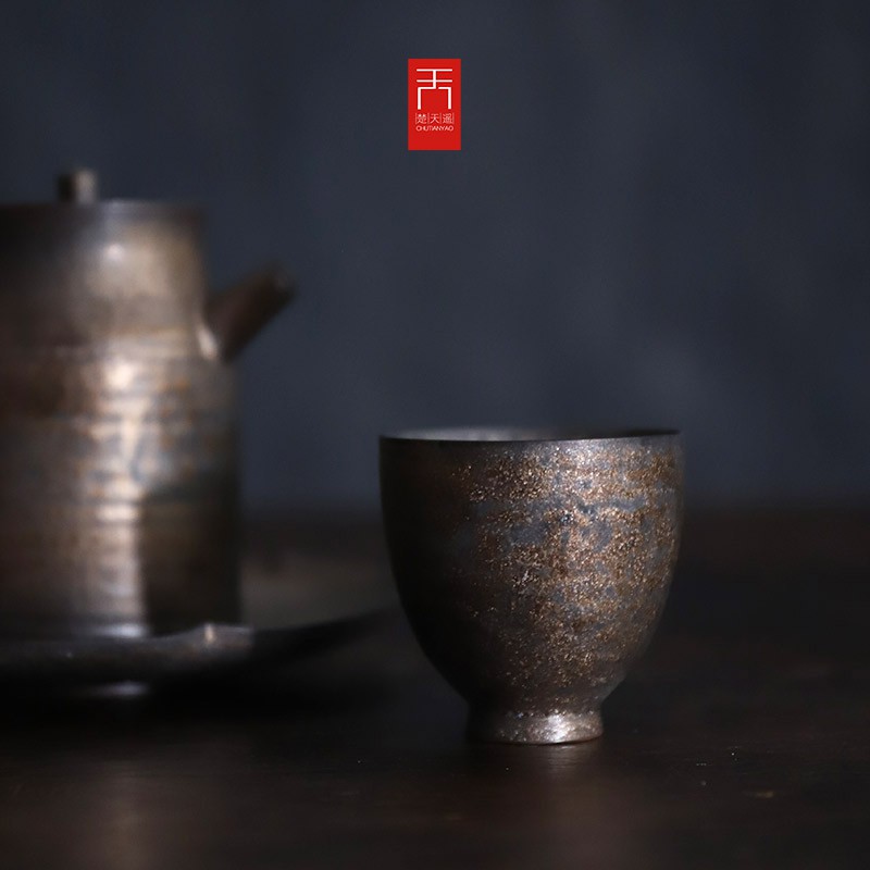 景德鎮純手工粗陶鎏金茶杯日式窯變金屬釉品茗杯薄胎灑金釉茶具
