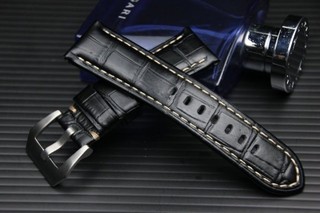 24mm收22mm可替代沛納海Panerai原廠錶帶黑色鱷魚皮紋牛皮製錶帶,不鏽鋼錶扣牢靠縫線