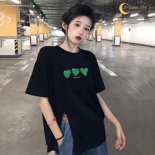 【泡芙衣櫃】新款潮牌愛心黑色顯瘦短袖t恤女學生夏季ins潮設計感寬松開叉上衣