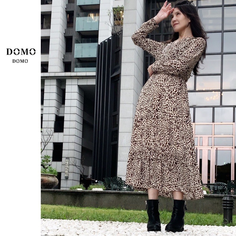 DOMO豹紋長版洋裝蛋糕裙洋裝韓版秋季洋裝長袖連身裙