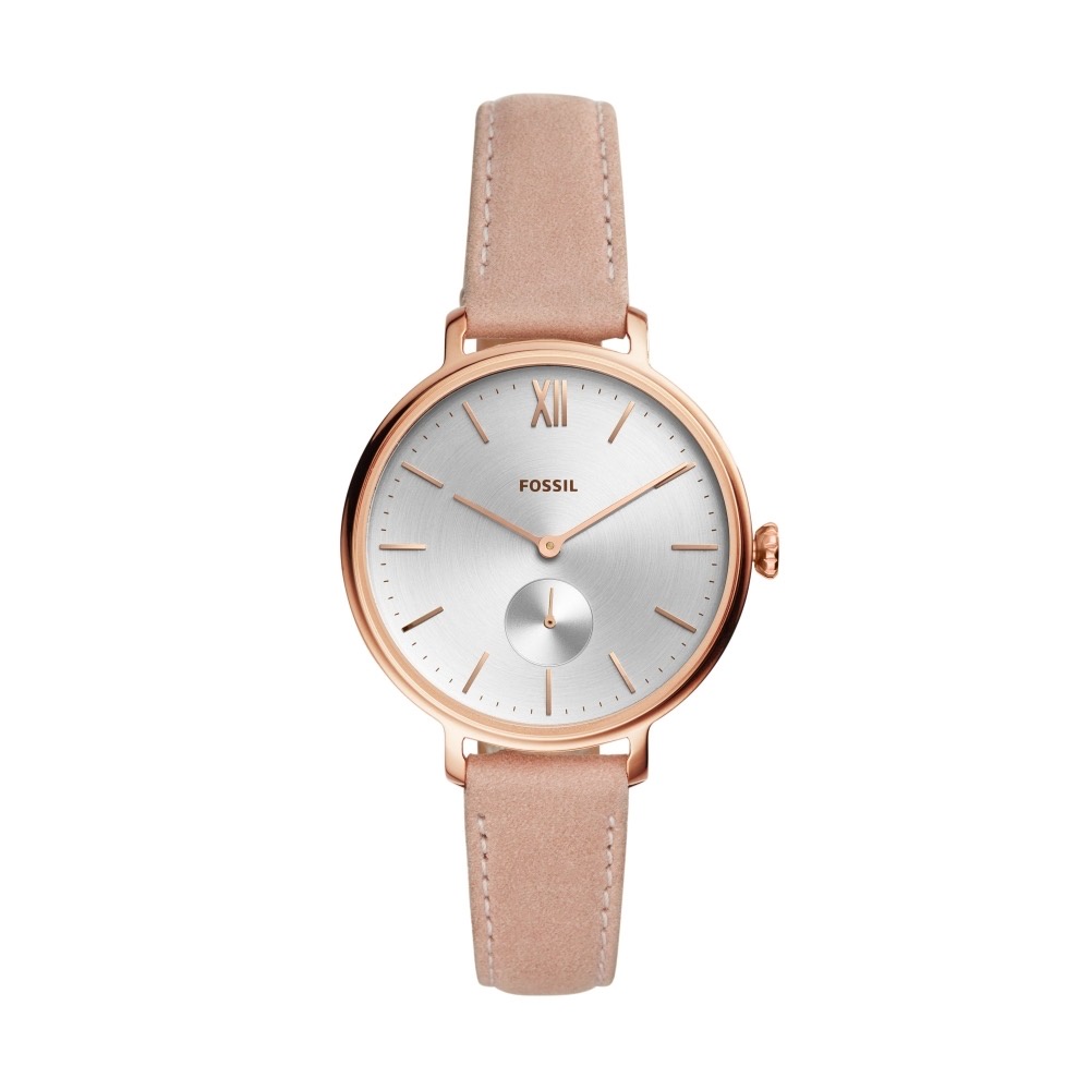 【FOSSIL】Kalya 小秒針款皮革手錶-粉銀白色 ES4572  現代鐘錶