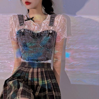 單件套裝酷校霸女主~提花白色蕾絲打底+復古牛仔小背心短吊帶套裝