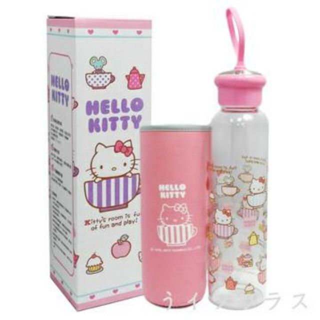 Hello Kitty耐熱玻璃水瓶 500ml 附保溫潛水布套 凱蒂貓 KT 水壺 隨手杯 隨身杯 三麗鷗