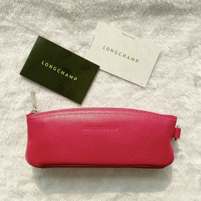日本二手正品Longchamp羊皮桃紅色筆袋 Longchamp眼鏡盒 Longchamp筆袋 Longchamp配件