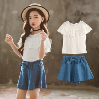 現貨 臺灣出貨 go cool shop 女童 牛仔色 短褲 套裝 中大童鏤空花邊布蕾上衣搭牛仔色短褲套裝1090329
