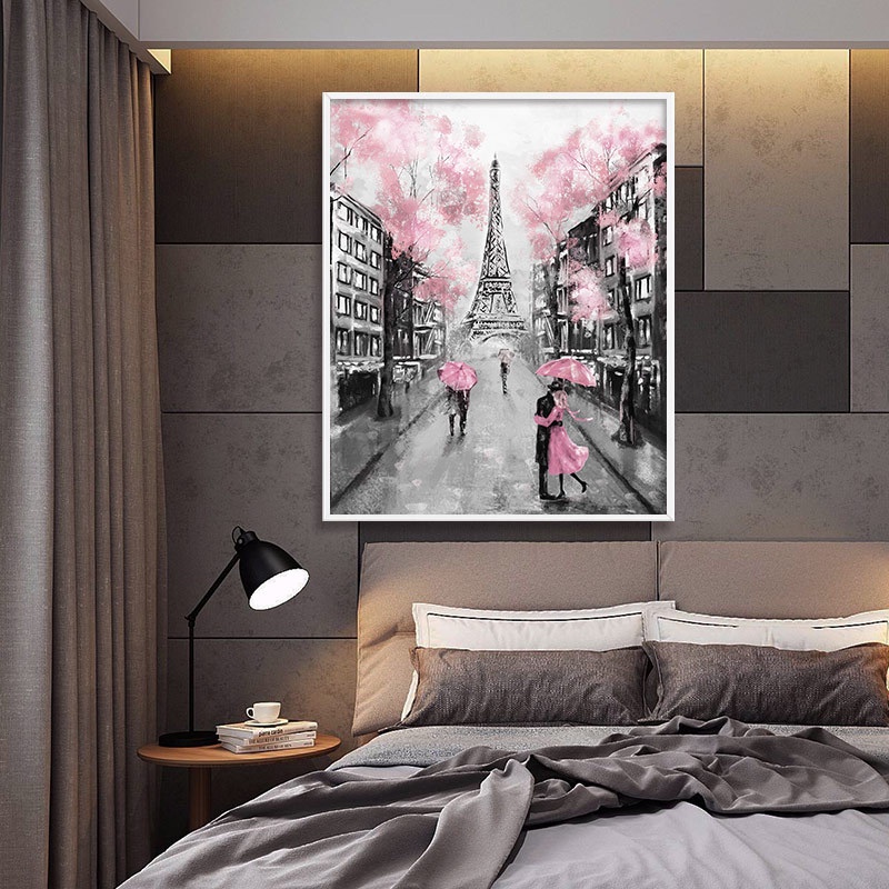 夫婦與傘巴黎市埃菲爾鐵塔帆布畫景觀抽象油畫布客廳臥室掛畫