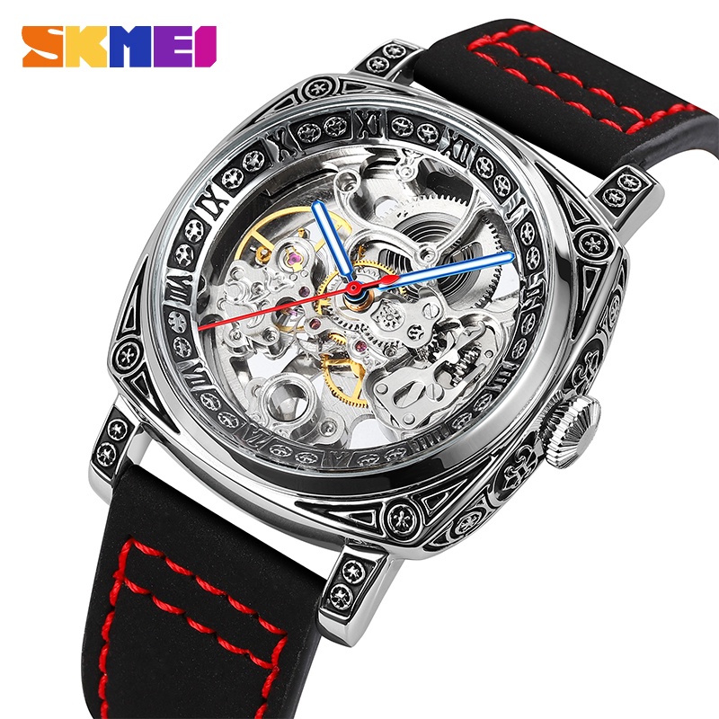 Skmei 9271 新款方形錶盤雕刻手錶不銹鋼防水皮帶雙面鏤空自動機械表