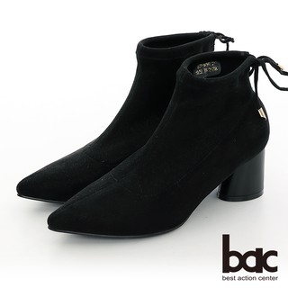 【bac】中性時尚尖頭閃耀彈力布圓錐粗跟短靴 - 黑色