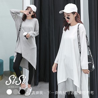 SISI【L9025】秋冬日常簡約隨興百搭純色素面圓領落肩長袖倒V不規則下襬開衩中長款T恤上衣