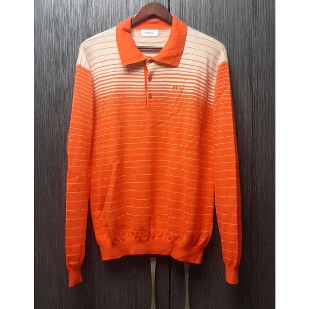 正品FILA斐樂 GOLF高爾夫球 男橘色條紋電繡LOGO針織長袖上衣XL（衣況請詳內文）
