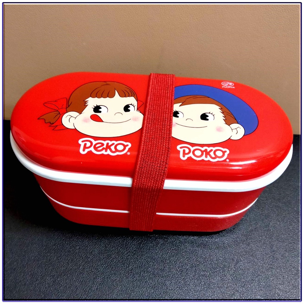 日本帶回早期正版現貨-全新已拆封-PEKO不二家牛奶妹牛奶弟雙層便當盒/保鮮盒+筷