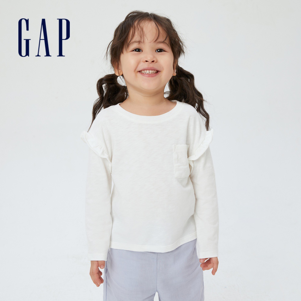 Gap 女幼童裝 純棉荷葉邊長袖T恤-白色(430134)