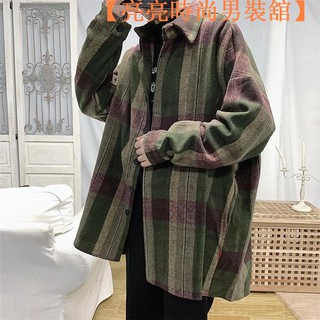 【臺灣現貨】毛呢格紋襯衫外套 長襯衫 襯衫外套 男生襯衫 長袖襯衫 秋冬季韓版潮流襯衫男小衫in【亮亮時尚男】