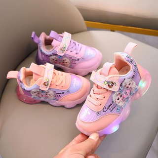 【兒童運動鞋】【新款】紫粉色女生公主兒童鞋冰雪艾莎皮面休閒鞋運動鞋發光鞋LED燈鞋潮