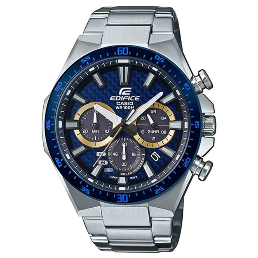 【CASIO】EDIFICE 日光閃耀 碳纖維3D立體錶盤太陽能不鏽鋼腕錶-藍X金(EQS-800BCD-2A)